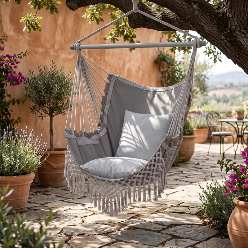 Hammock Chair with Integrated Side Pocket, Support Bar, and Comfort Cushion Set