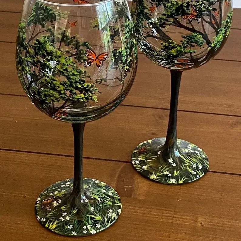 Hand-Painted Four Seasons Tree Wine Glasses – Artisanal Stemware Set with Botanical Motifs