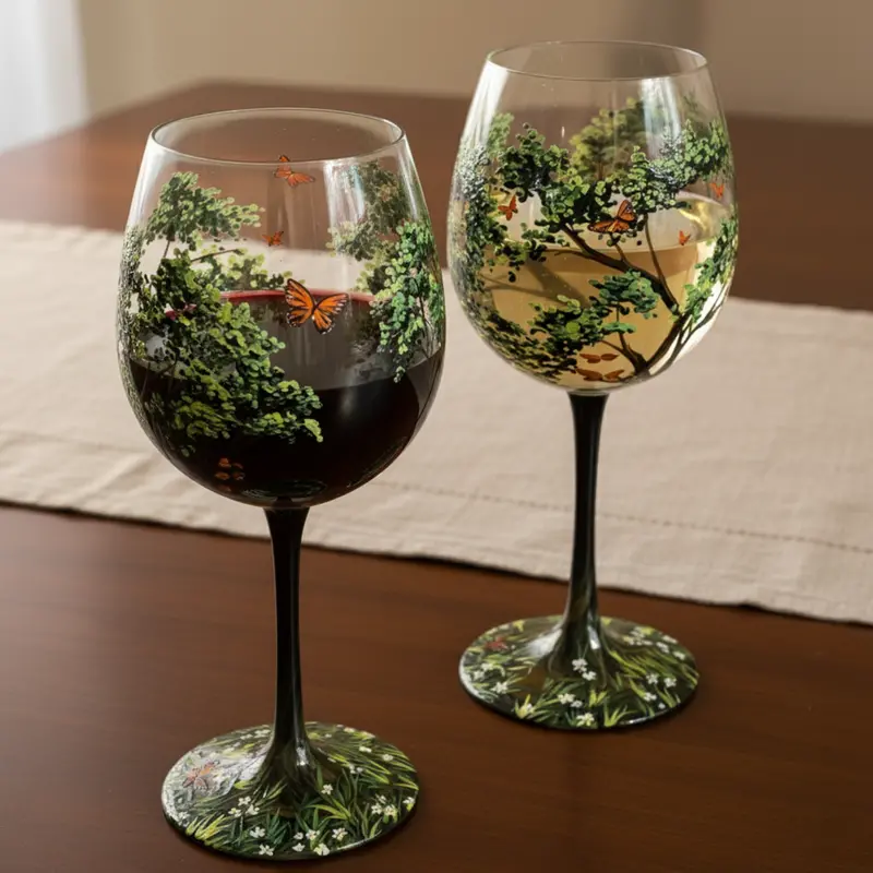 Hand-Painted Four Seasons Tree Wine Glasses – Artisanal Stemware Set with Botanical Motifs 2