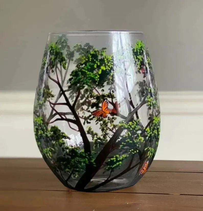 Hand-Painted Four Seasons Tree Wine Glasses – Artisanal Stemware Set with Botanical Motifs