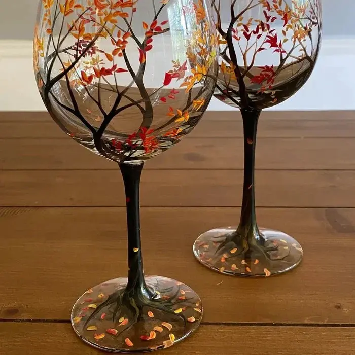 Hand-Painted Four Seasons Tree Wine Glasses – Artisanal Stemware Set with Botanical Motifs