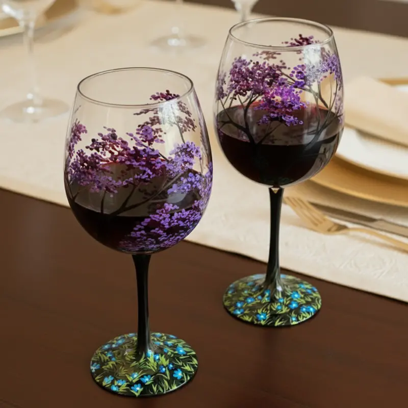 Hand-Painted Four Seasons Tree Wine Glasses – Artisanal Stemware Set with Botanical Motifs