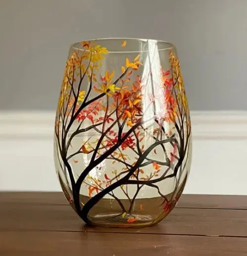 Hand-Painted Four Seasons Tree Wine Glasses – Artisanal Stemware Set with Botanical Motifs