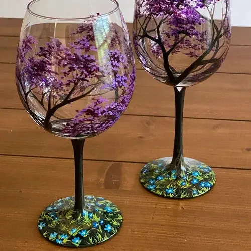 Hand-Painted Four Seasons Tree Wine Glasses – Artisanal Stemware Set with Botanical Motifs