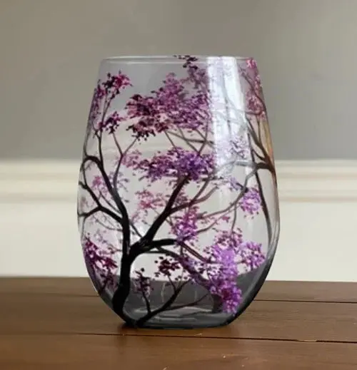 Hand-Painted Four Seasons Tree Wine Glasses – Artisanal Stemware Set with Botanical Motifs