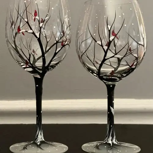 Hand-Painted Four Seasons Tree Wine Glasses – Artisanal Stemware Set with Botanical Motifs