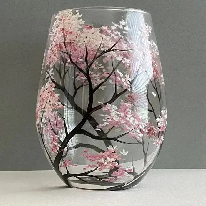 Hand-Painted Four Seasons Tree Wine Glasses – Artisanal Stemware Set with Botanical Motifs