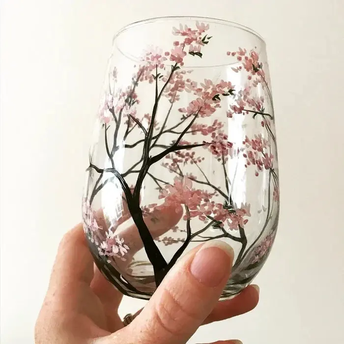 Hand-Painted Four Seasons Tree Wine Glasses – Artisanal Stemware Set with Botanical Motifs