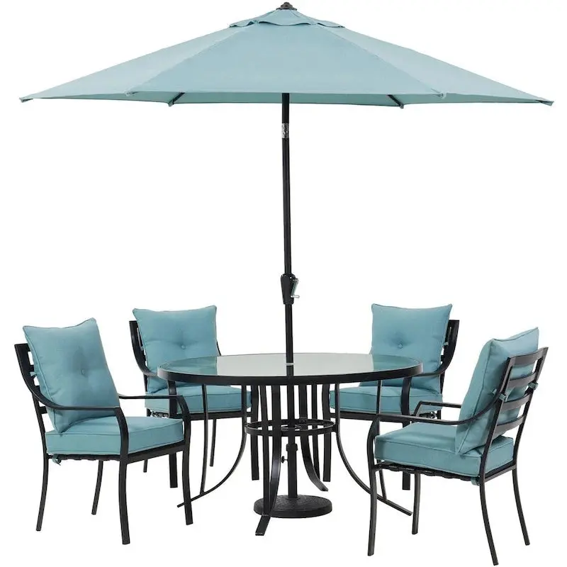 Hanover Lavallette 5-Piece Ocean Blue Dining Set – Round Glass-Top Table, Four Chairs, Umbrella & Base Included