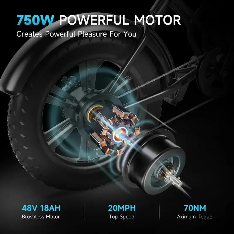 Happyrun 20" Fat-Tire Electric Bike – 750W Motor, 48V 18Ah Removable Battery, 20 MPH Top Speed, 68-Mile Range