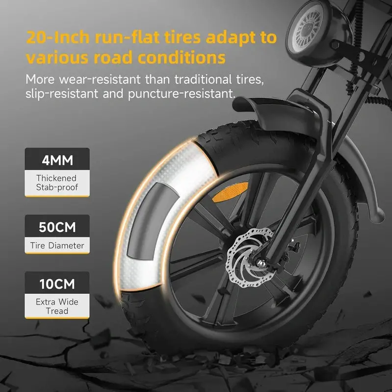 Happyrun 20" Fat-Tire Electric Bike – 750W Motor, 48V 18Ah Removable Battery, 20 MPH Top Speed, 68-Mile Range