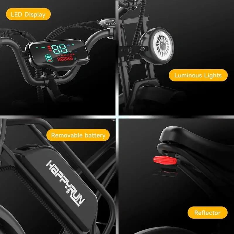 Happyrun 20" Fat-Tire Electric Bike – 750W Motor, 48V 18Ah Removable Battery, 20 MPH Top Speed, 68-Mile Range