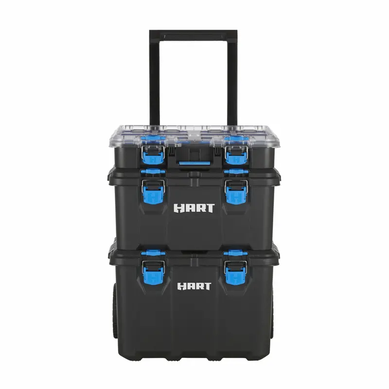 HART Stack System Mobile Tool Box – Modular Rolling Storage, Telescopic Handle, Black & Blue