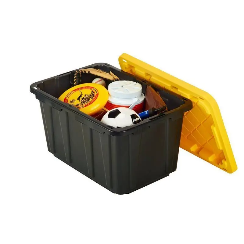 HDX 27-Gallon Waterproof Stackable Storage Tote – Black Body with Yellow Lid, 5-Pack Set