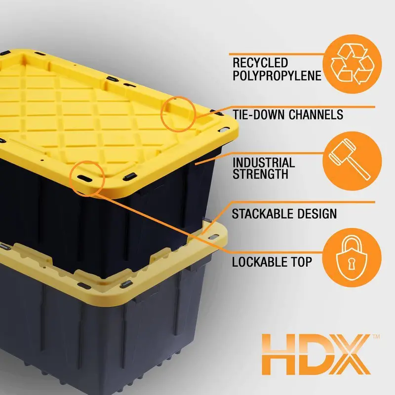 HDX 27-Gallon Waterproof Stackable Storage Tote – Black Body with Yellow Lid, 5-Pack Set