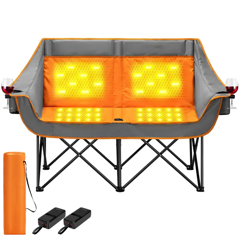 Heated Double Camping Loveseat – Electrically Warm Folding Chair with Power Bank Ports & Cup Holders