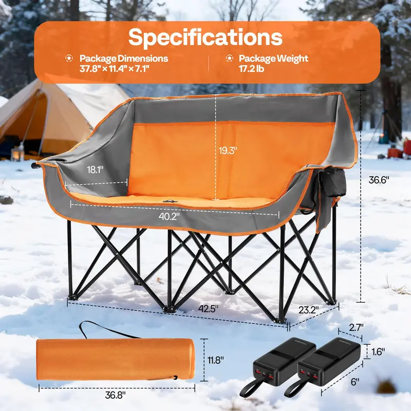 Heated Double Camping Loveseat – Electrically Warm Folding Chair with Power Bank Ports & Cup Holders 2