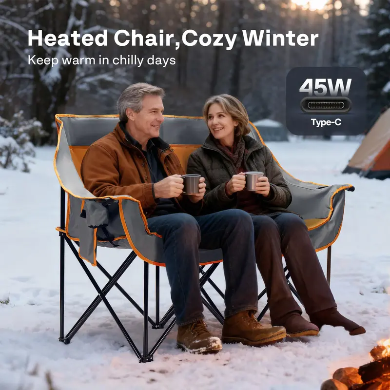 Heated Double Camping Loveseat – Electrically Warm Folding Chair with Power Bank Ports & Cup Holders