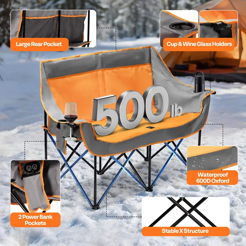 Heated Double Camping Loveseat – Electrically Warm Folding Chair with Power Bank Ports & Cup Holders