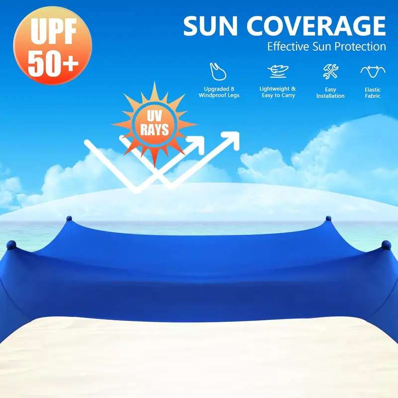 Heavy-Duty 10' x 10' Beach Sun Shelter – UPF50+ Canopy Tent with Sandbags, Stability Poles & Rust-Resistant Frame (Blue)