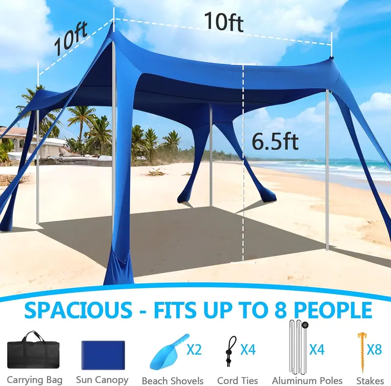 Heavy-Duty 10' x 10' Beach Sun Shelter – UPF50+ Canopy Tent with Sandbags, Stability Poles & Rust-Resistant Frame (Blue)