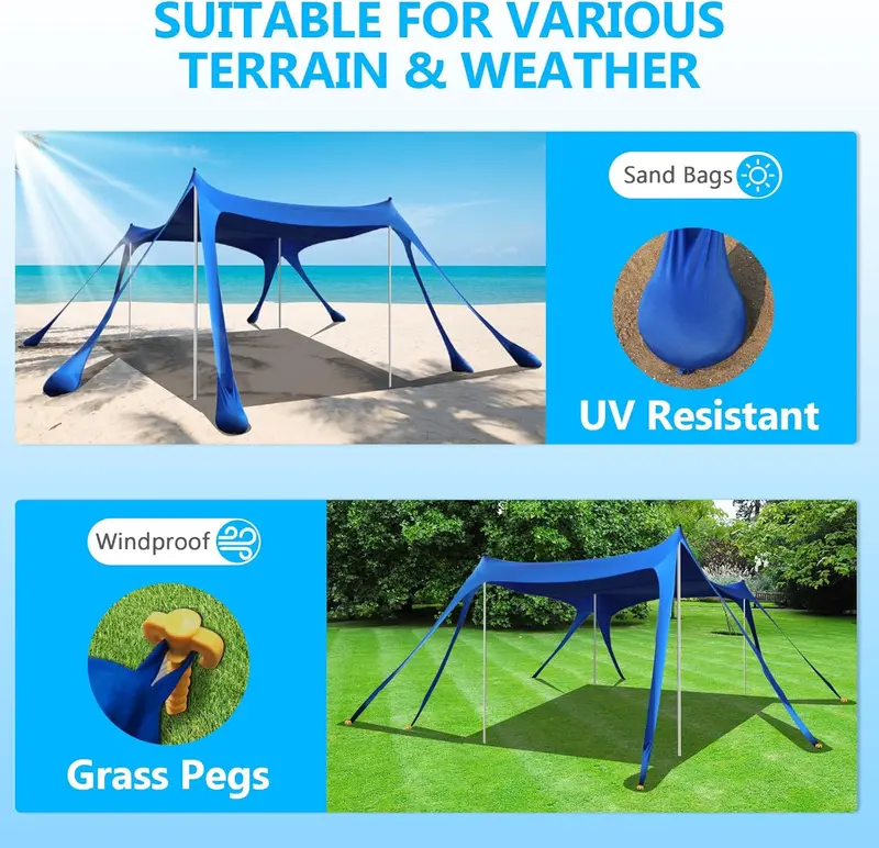 Heavy-Duty 10' x 10' Beach Sun Shelter – UPF50+ Canopy Tent with Sandbags, Stability Poles & Rust-Resistant Frame (Blue)