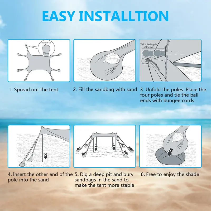 Heavy-Duty 10' x 10' Beach Sun Shelter – UPF50+ Canopy Tent with Sandbags, Stability Poles & Rust-Resistant Frame (Blue)
