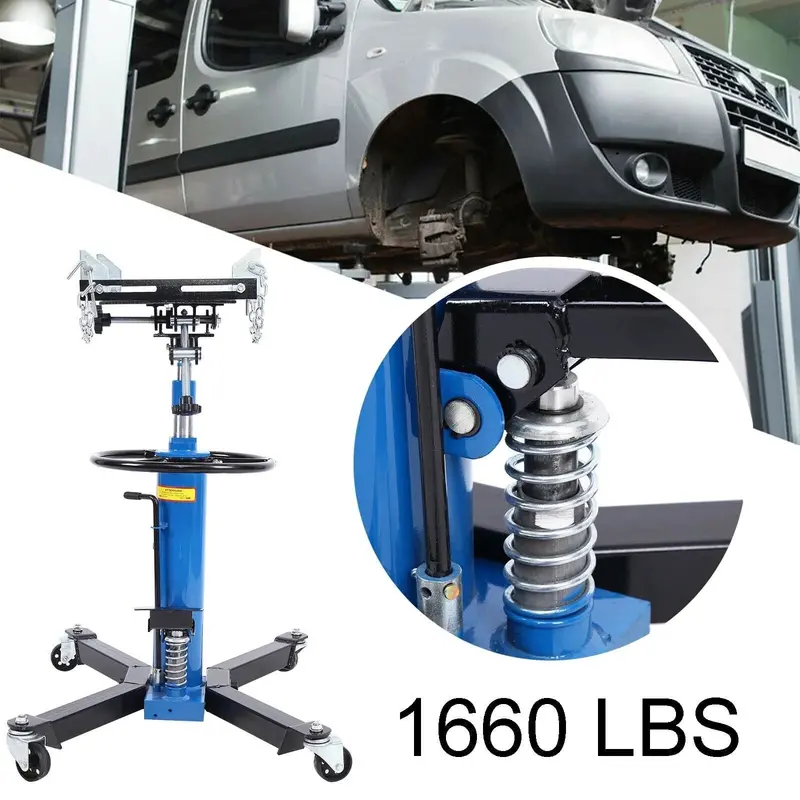 Heavy-Duty 1660-Lb Vertical Hydraulic Transmission Jack with 360° Swivel Pedal – Blue, Adjustable 33" to 70" Height (0.75-Ton Capacity)