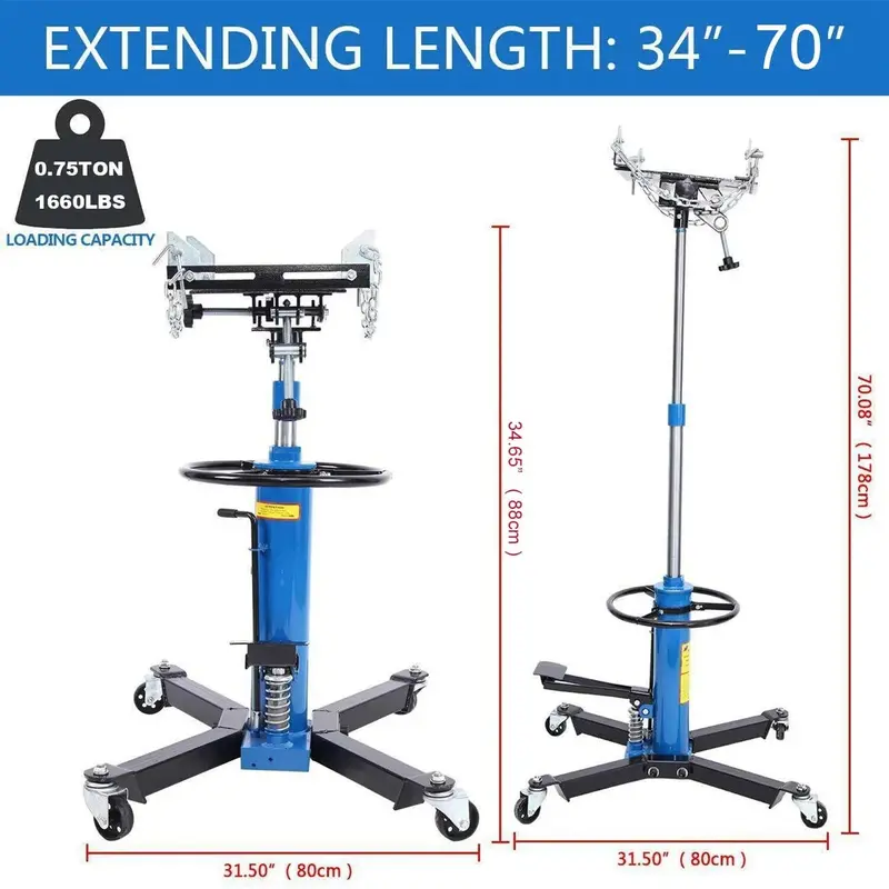 Heavy-Duty 1660-Lb Vertical Hydraulic Transmission Jack with 360° Swivel Pedal – Blue, Adjustable 33" to 70" Height (0.75-Ton Capacity)