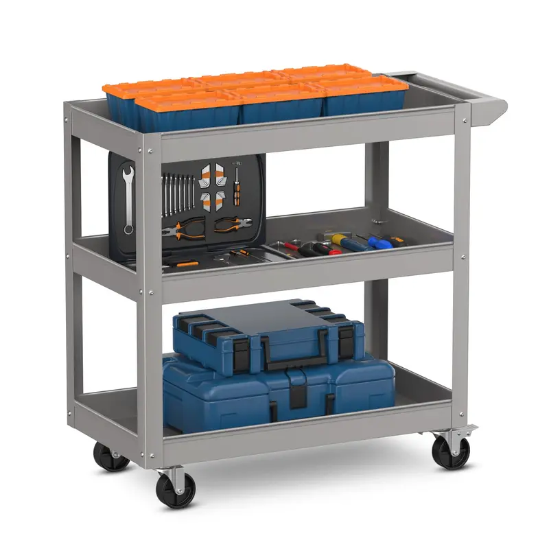 Heavy-Duty 3-Tier Utility Service Cart with Flat Ergonomic Handle