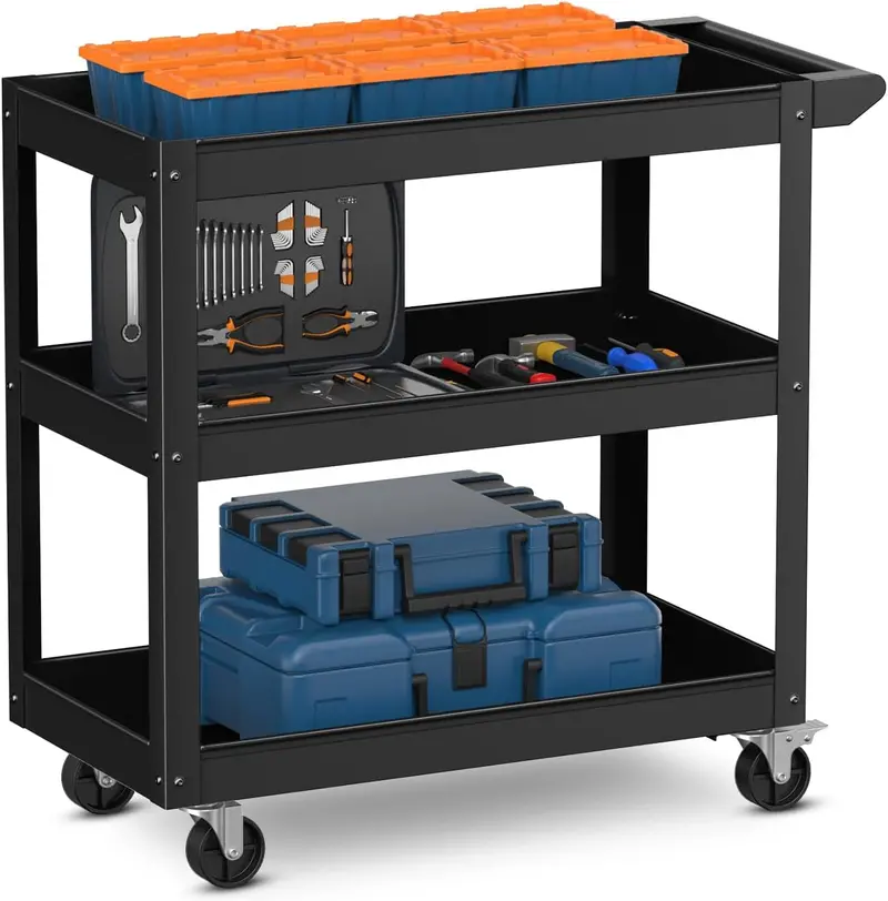 Heavy-Duty 3-Tier Utility Service Cart with Flat Ergonomic Handle