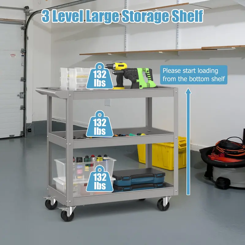 Heavy-Duty 3-Tier Utility Service Cart with Flat Ergonomic Handle
