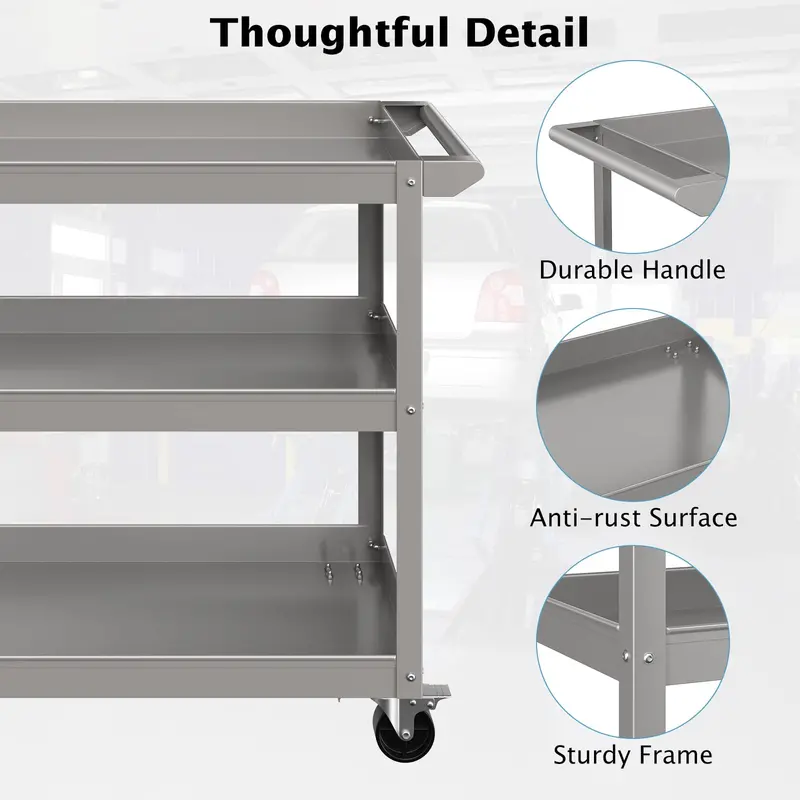 Heavy-Duty 3-Tier Utility Service Cart with Flat Ergonomic Handle