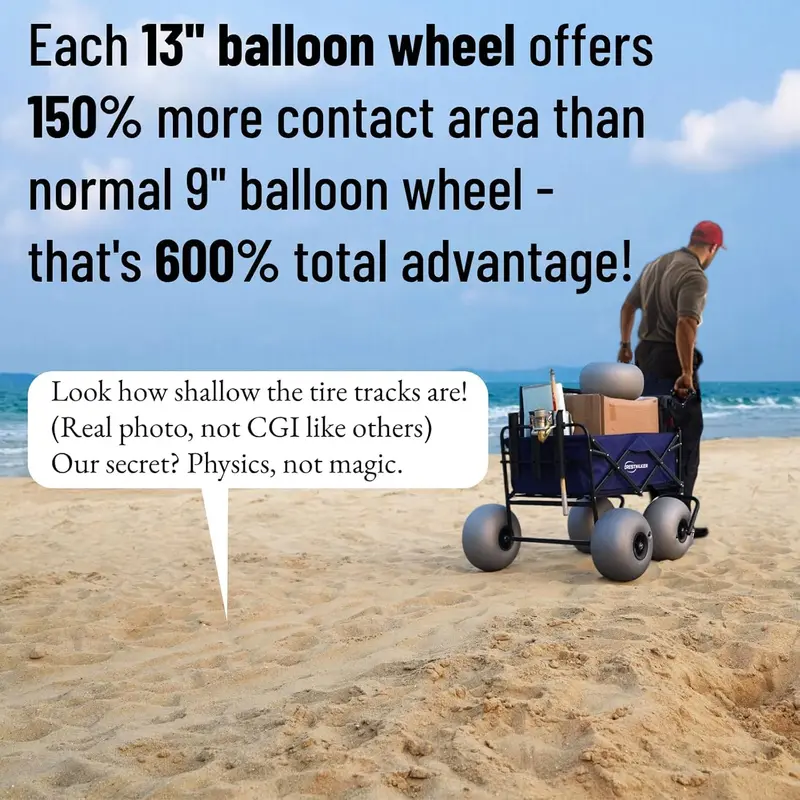 Heavy-Duty Beach Cart with 13-Inch Balloon Tires — Includes Chair Racks and Built-In Air Pump