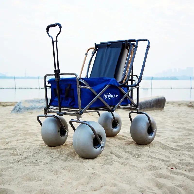 Heavy-Duty Beach Cart with 13-Inch Balloon Tires — Includes Chair Racks and Built-In Air Pump