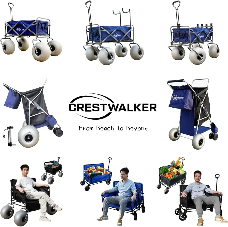 Heavy-Duty Beach Cart with 13-Inch Balloon Tires — Includes Chair Racks and Built-In Air Pump
