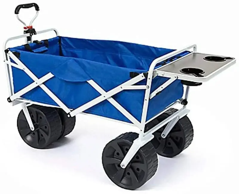 Heavy-Duty Collapsible Beach Wagon — All-Terrain Cart with Side Table, Large Wheels, and Foldable Frame (Blue/White)