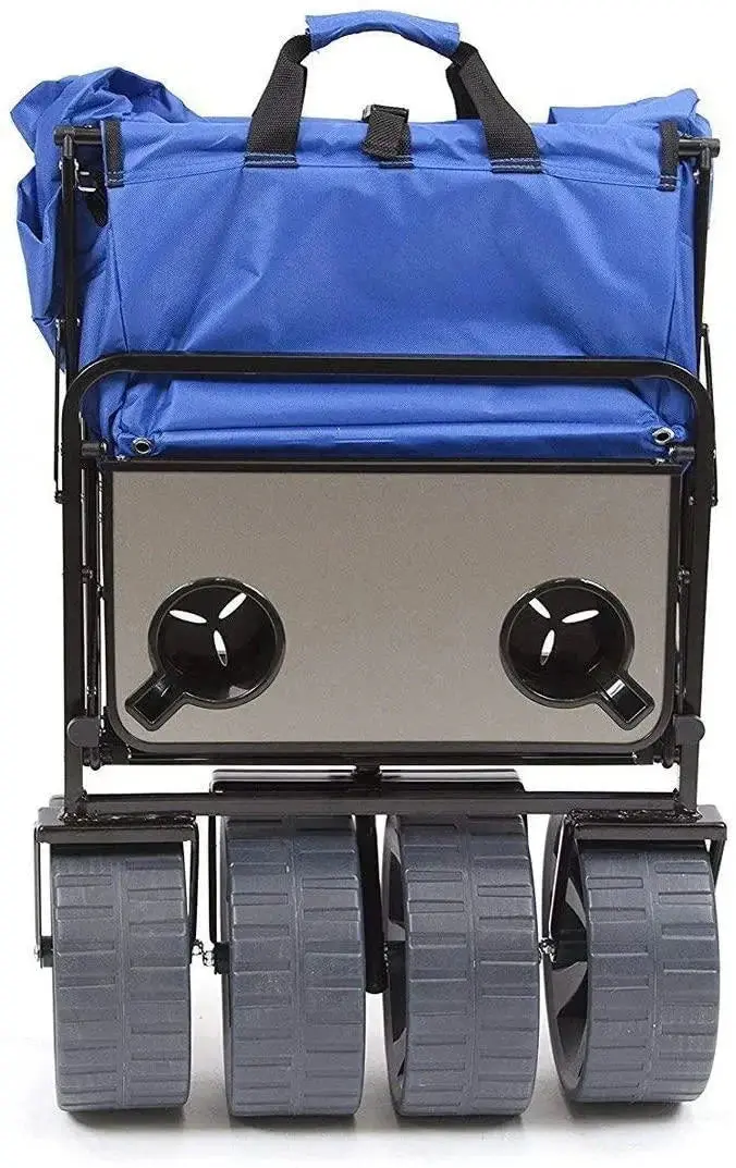 Heavy-Duty Collapsible Beach Wagon — All-Terrain Cart with Side Table, Large Wheels, and Foldable Frame (Blue/White)