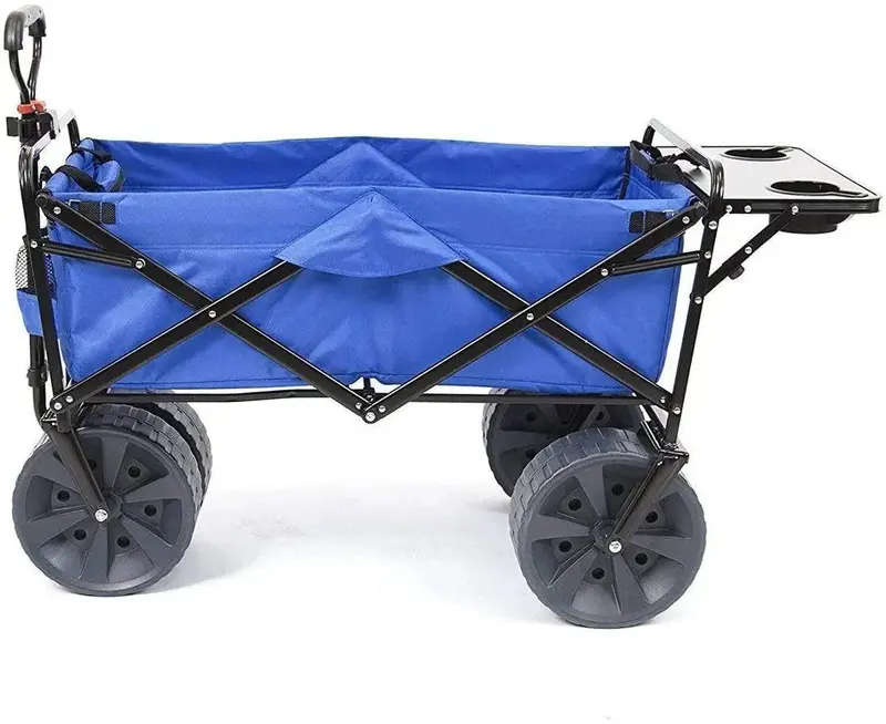 Heavy-Duty Collapsible Beach Wagon — All-Terrain Cart with Side Table, Large Wheels, and Foldable Frame (Blue/White)