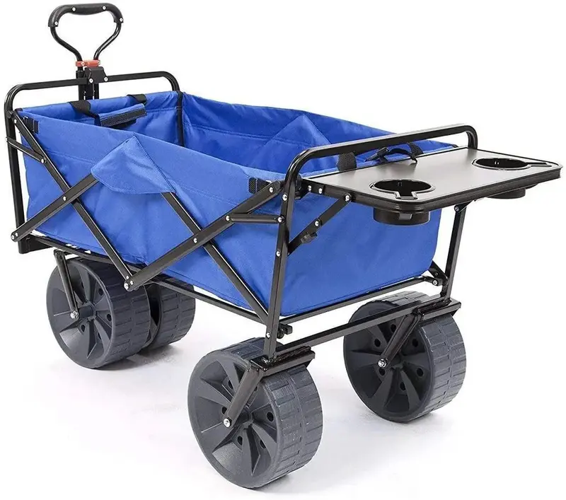Heavy-Duty Collapsible Beach Wagon — All-Terrain Cart with Side Table, Large Wheels, and Foldable Frame (Blue/White)