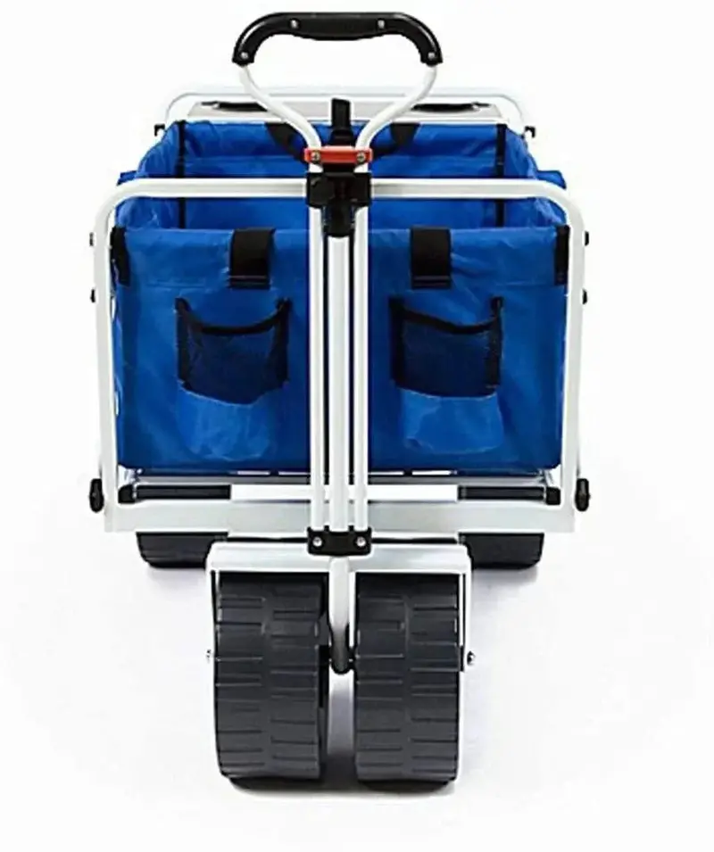 Heavy-Duty Collapsible Beach Wagon — All-Terrain Cart with Side Table, Large Wheels, and Foldable Frame (Blue/White)