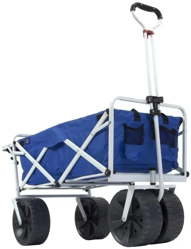 Heavy-Duty Collapsible Beach Wagon — All-Terrain Cart with Side Table, Large Wheels, and Foldable Frame (Blue/White)