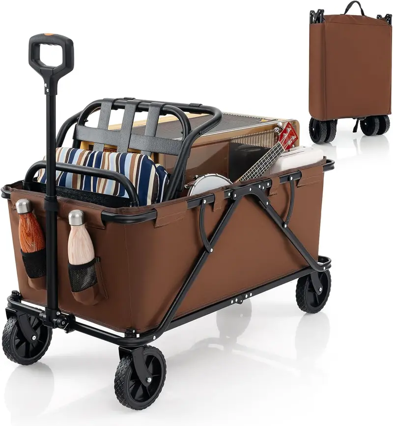 Heavy-Duty Collapsible Wagon Cart with Adjustable Handle, Bottle Holders, and Storage Pocket