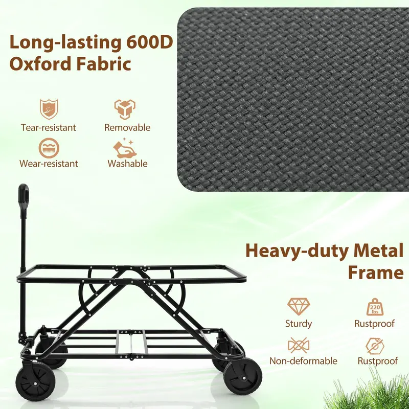 Heavy-Duty Collapsible Wagon Cart with Adjustable Handle, Bottle Holders, and Storage Pocket