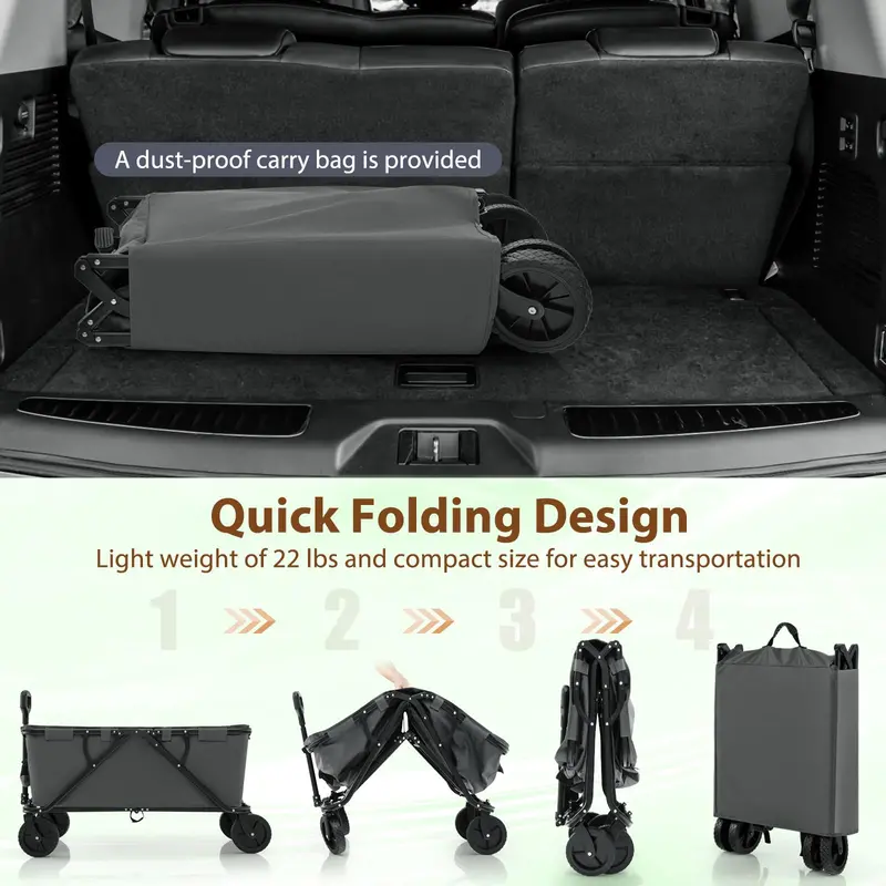 Heavy-Duty Collapsible Wagon Cart with Adjustable Handle, Bottle Holders, and Storage Pocket