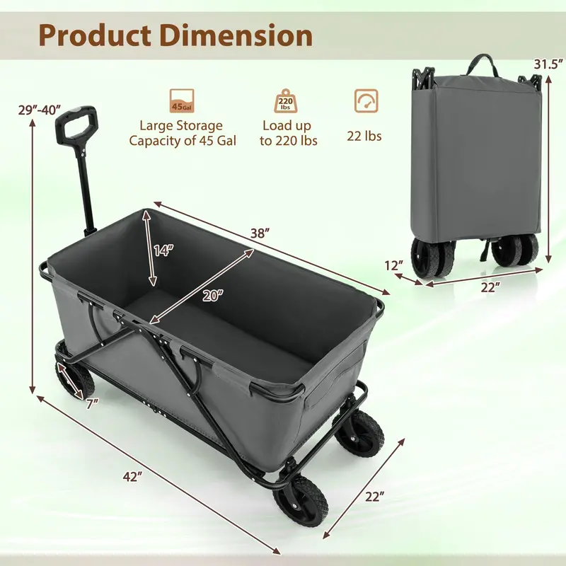 Heavy-Duty Collapsible Wagon Cart with Adjustable Handle, Bottle Holders, and Storage Pocket
