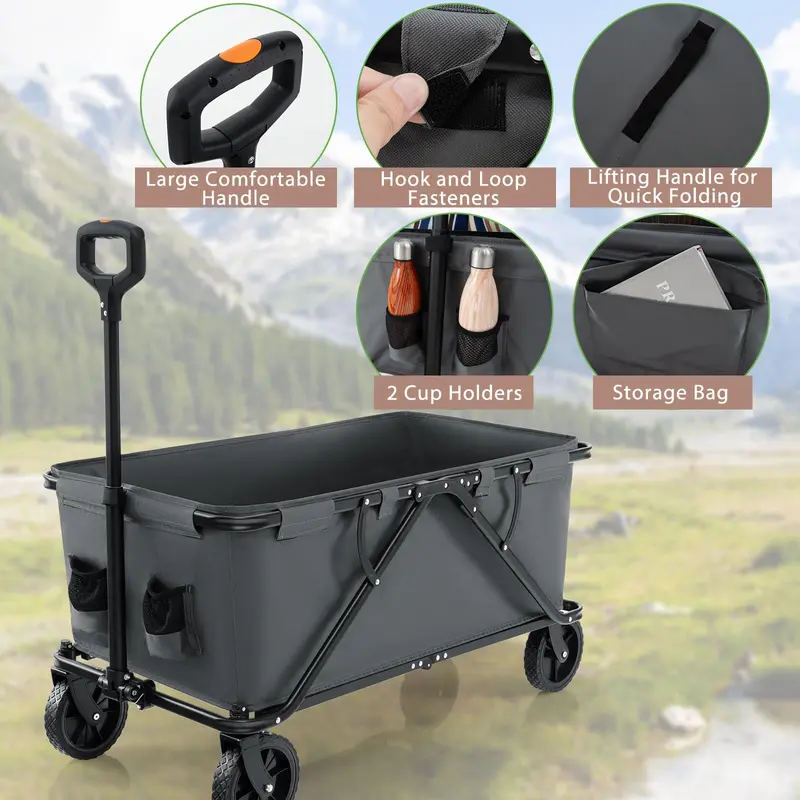 Heavy-Duty Collapsible Wagon Cart with Adjustable Handle, Bottle Holders, and Storage Pocket