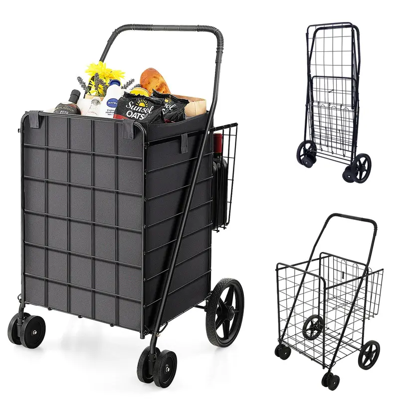 Heavy-Duty Folding Grocery Cart – 330-LB Capacity, Dual Baskets, and 360° Swivel Wheels