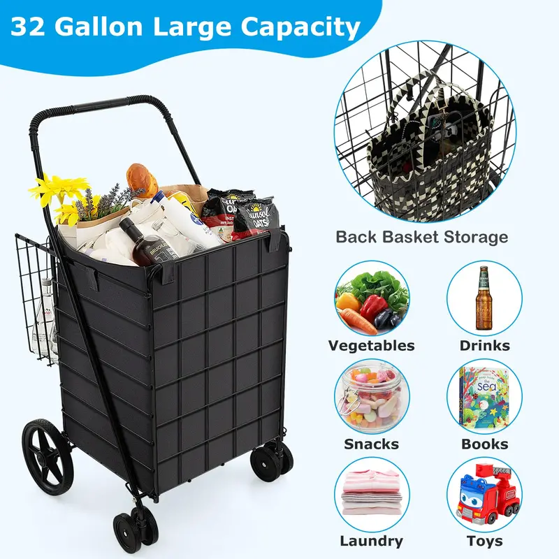 Heavy-Duty Folding Grocery Cart – 330-LB Capacity, Dual Baskets, and 360° Swivel Wheels