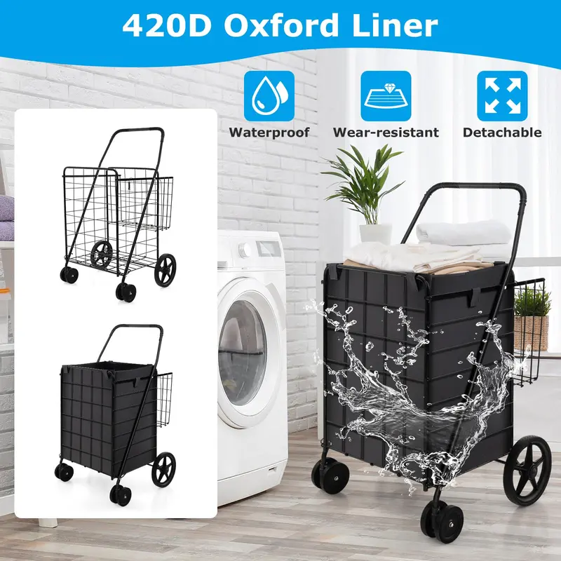 Heavy-Duty Folding Grocery Cart – 330-LB Capacity, Dual Baskets, and 360° Swivel Wheels
